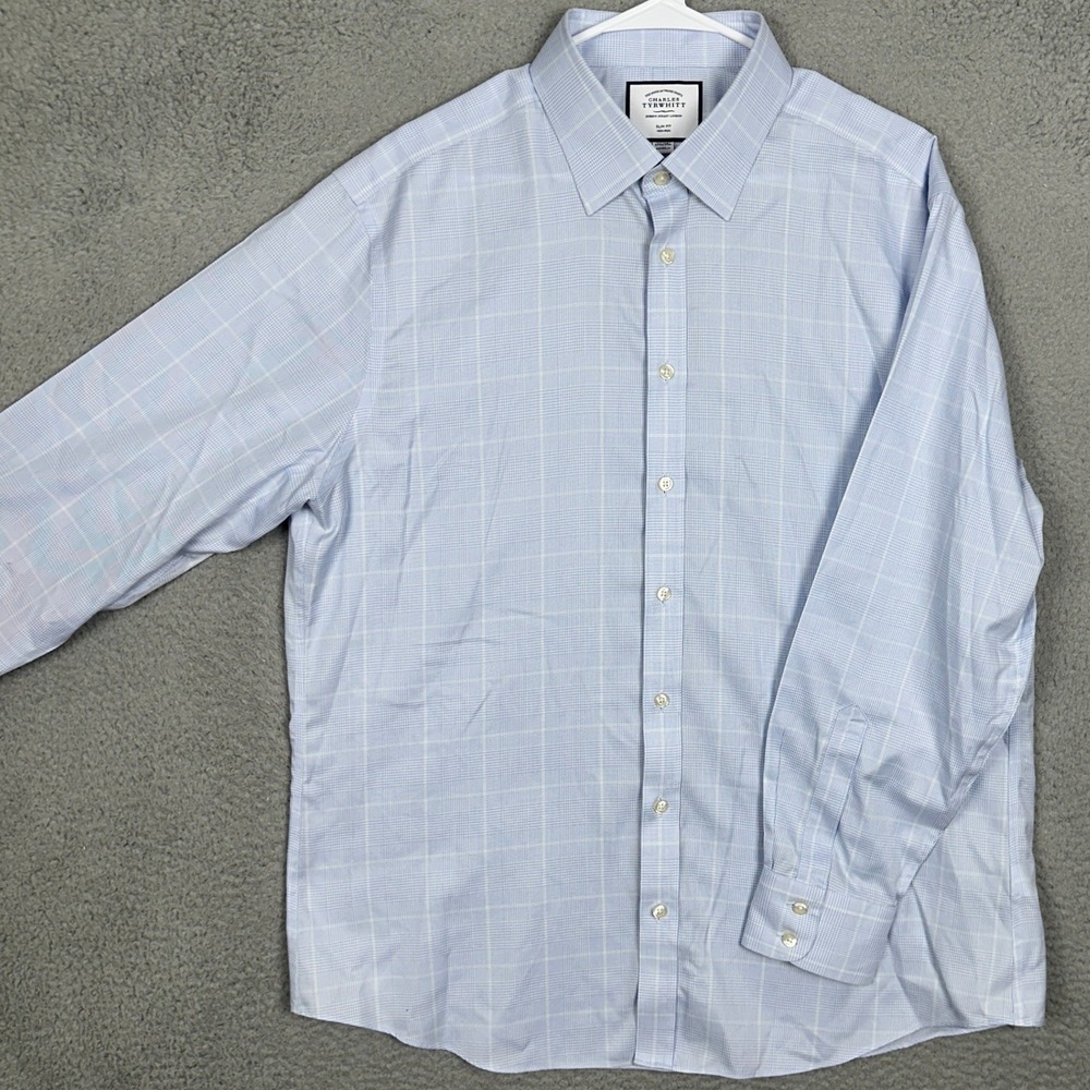 Charles Tyrwhitt Dress Shirt Mens 17.5-34 Slim Fit Blue Check Non-Iron Button Up